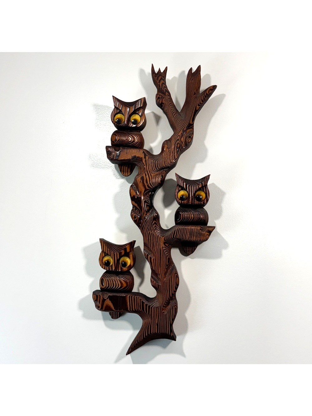 Vintage Hand Crafted Wood Owl Wall Hanging Tree Branch Trio 20" Tall